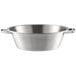 A silver stainless steel Vollrath utility pail with two handles.