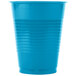 A turquoise blue plastic cup on a white background.