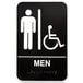 A black and white Vollrath men's restroom sign with a man in a wheelchair and Braille.