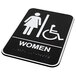A black and white Vollrath women's restroom sign with a person in a wheelchair.