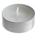 A Leola white wax tea light candle with a white wick in a silver metal holder.