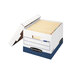 A white Bankers Box with a blue and white lid open with file folders inside.