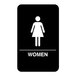 A black and white sign with a woman symbol and the word "women" in white with a white woman silhouette.