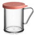A clear glass Cambro shaker with a rose lid.