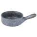 A blue stoneware oven skillet with a handle.