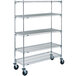 A chrome Metro 5 tier wire shelving unit with rubber casters.