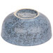 A blue stoneware bowl with a white and blue logo on it.