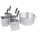 A Vollrath Wear-Ever aluminum pasta cooker set with four silver inserts.