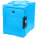A blue plastic Cambro food pan carrier with a black latch door.