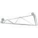 A Metro chrome double wall mount bracket for 18" shelves with two hooks.