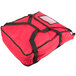 A red San Jamar insulated pizza delivery bag with black straps and a zipper.