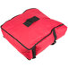 A red San Jamar insulated pizza delivery bag with black straps and a zipper.