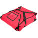 A red San Jamar insulated pizza delivery bag with black straps and trim.