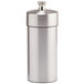 A silver stainless steel Chef Specialties salt mill with a lid.