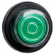 A black button with a green light and round black base.