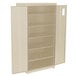 A beige storage cabinet with shelves and doors open.