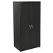 A black HON storage cabinet with silver handles on the doors.