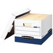 A white Banker's Box file storage box with a blue and white lid open with two folders inside.
