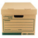 A brown Universal heavy-duty cardboard file storage box with green writing on the side.