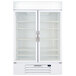 A Beverage-Air white refrigerated glass door merchandiser with two shelves.