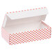 A white 1 lb. Valentine's Day heart candy box with red hearts on it.