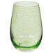 A close-up of a Stolzle green stemless wine glass with white lines.
