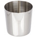 A stainless steel silver cup with a white background.