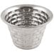 A close-up of a Tablecraft stainless steel sauce cup with a patterned design.