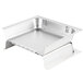 A silver metal Vollrath hinged dome cover on a stainless steel tray.