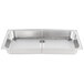 A Vollrath stainless steel hinged dome cover on a silver tray with compartments.