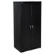 A black HON storage cabinet with two doors and silver handles.