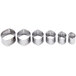 A row of six silver metal football shaped cutters with a white background.