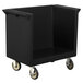 A black plastic Cambro tray and flatware cart with wheels.