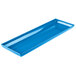 A sky blue cast aluminum rectangular platter with handles.
