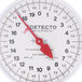 A white Cardinal Detecto hanging scale dial with red numbers and a red hand.