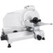A silver Globe Chefmate meat slicer with black knobs on a white background.
