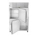 A stainless steel Traulsen reach-in refrigerator with open right and left doors.