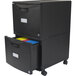 A black Storex plastic mobile filing cabinet with two drawers on wheels.
