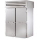 A True stainless steel roll-through refrigerator with two solid doors.