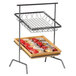 A GET gray powder coated iron square 2-tier tilted riser with a tray of food on a rack.