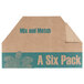 A brown cardboard 6 pack beer bottle carrier with blue text.