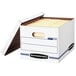 A white Fellowes Bankers Box file storage box with a lid open.