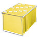 A close-up of a yellow Smead hanging file folder with repositionable poly tab.