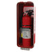 A red Cato Warrior fire extinguisher cabinet with a fire extinguisher inside.