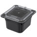 A Carlisle black polycarbonate food pan with a clear lid on it.