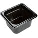 A Carlisle black plastic food pan with a lid.
