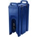 A navy blue plastic Cambro insulated beverage dispenser with a tap and handle.