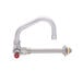 A silver Fisher wall mounted pot filler faucet with a red lever handle.
