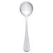A close up of a Libbey stainless steel bouillon spoon with a silver handle on a white background.