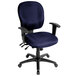 A navy office chair with arms and a blue seat.